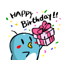 a blue penguin holding a pink gift box with the words happy birthday written above it