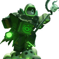 a green robot is standing on a pile of skulls and holding a stick