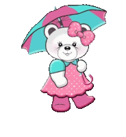 a teddy bear wearing a pink dress and holding a pink and blue striped umbrella