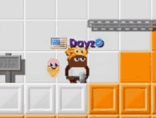 a cartoon character wearing a crown is standing next to an ice cream cone and a sign that says dayz .