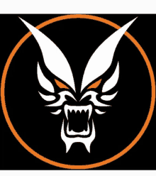 a black and white logo with an orange circle around it shows a wolf 's face