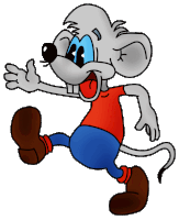 a cartoon mouse is wearing a red shirt and blue jeans