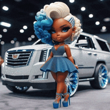 a doll in a blue dress is standing in front of a cadillac