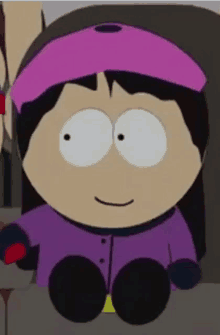 a cartoon character is wearing a purple shirt and a pink headband and smiling .