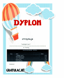 a paper with a hot air balloon and the word dyplom