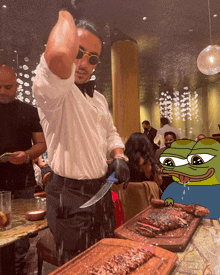 a man in a bow tie is cutting a steak with a knife and a cartoon of a frog is behind him