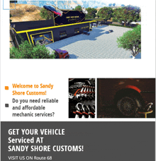 an advertisement for sandy shore customs shows a picture of a building