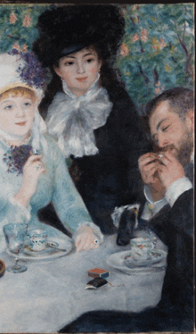 a painting of three people sitting around a table