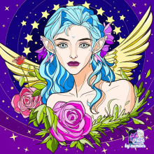 a drawing of a woman with blue hair surrounded by flowers