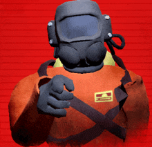 a person wearing a gas mask and an orange jacket with a yellow emblem on it