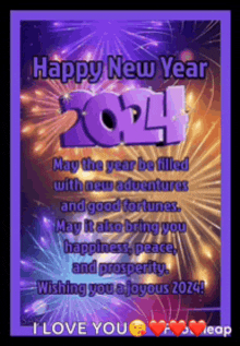 a purple happy new year greeting card with fireworks behind it