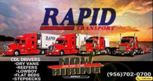 an advertisement for rapid transport shows a row of red semi trucks