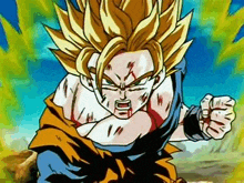 a close up of a cartoon character , goku , from dragon ball z , with a fist in the air .