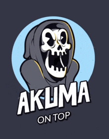 a logo for akuma on top with a grim reaper on it