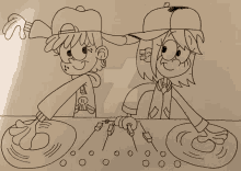 a black and white drawing of a boy and girl playing music