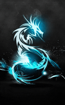 a blue and white dragon on a dark background