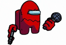 a cartoon of a red among us character holding a microphone .