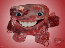 a piece of meat with a bandage on it is smiling and giving a thumbs up