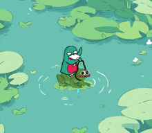 a cartoon of a frog riding a duck in a pond