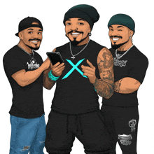 three men are standing next to each other with one wearing a shirt that says x on it