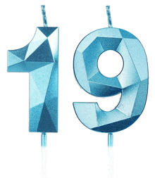 a blue number 19 candle is on a stick