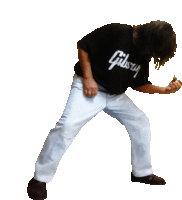 a man wearing a black gibson t-shirt is dancing