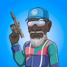 a cartoon of a man holding a gun with a hat that says united nations on it