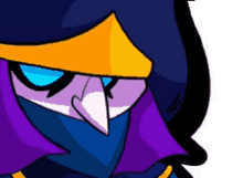 a close up of a cartoon character 's face with a purple and yellow hood .