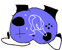 a cartoon drawing of a purple object with a cross on it and a controller