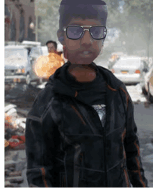 a young boy wearing sunglasses and a black jacket stands in a busy street