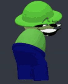 a cartoon character wearing a green hat and sunglasses is standing on a stool .