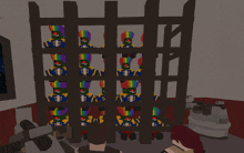 a bunch of clown skeletons are in a cage with the letters tm on it