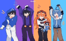 a group of anime characters are standing next to each other on a blue and orange background .