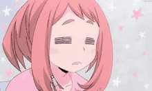 a close up of a pink anime girl with her eyes closed and a pen in her hand .