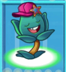 a cartoon plant with a pink hat and a star on its head