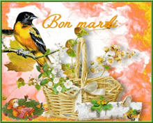 a bird sits on a branch next to a basket of flowers with the words bon mardi written on the bottom