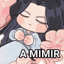 a cartoon of a girl sleeping next to flowers with the words `` a mimir '' written above her .