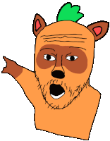 a cartoon drawing of a bear with a beard pointing up