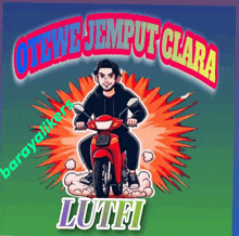 a cartoon drawing of a man riding a motorcycle with the name lutfi underneath him