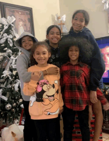 a group of children are posing for a picture in front of a christmas tree one of the girls is wearing a minnie mouse shirt