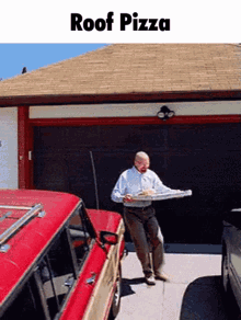 a man carrying a tray of pizza in front of a garage door with the words roof pizza above him