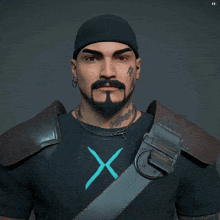 a man with a beard and a tattoo on his face wears a black shirt with a blue x on it