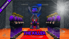 a group of men in purple uniforms are standing in front of a throne with the killer written on it