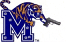 a blue and orange tiger is holding a gun in front of a letter m .