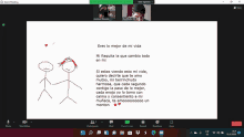 a screen shot of a zoom meeting with a drawing of two stick figures and the words " eres lo mejor de mi vida "