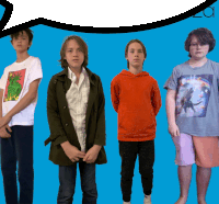 a group of young boys standing in front of a blue background with a speech bubble above them