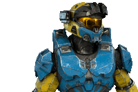 a man in a blue and yellow armor with a helmet and goggles on