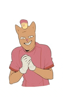 a cartoon of a man with a cat mask on his head and gloves .