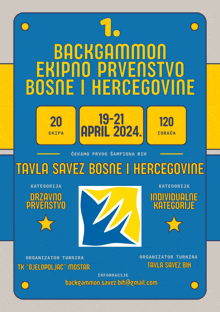 a blue and yellow advertisement for a backgammon event