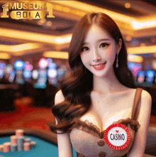 a woman wearing a badge that says casino on her chest